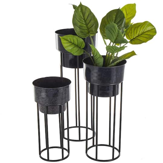 Black Metal Wash Textured Planter with Open Framed Black Caged Base Set
